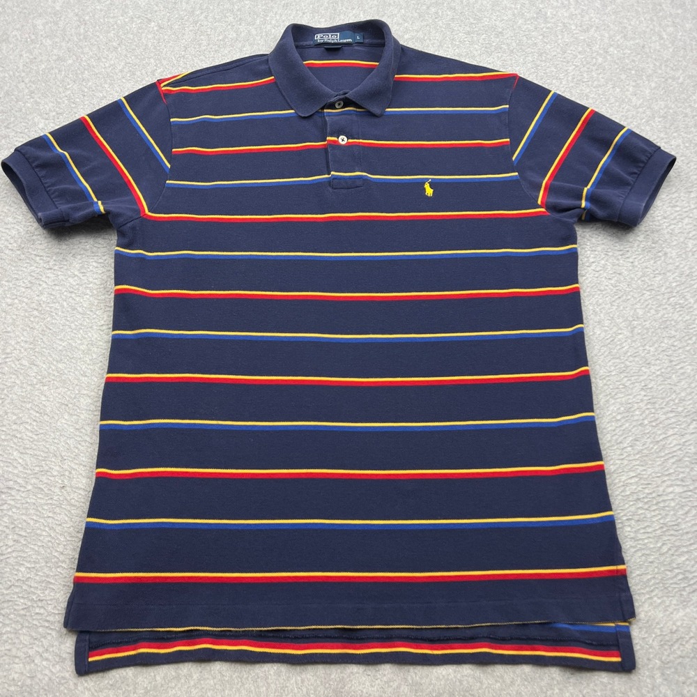 Polo Ralph Lauren Shirt Mens Large Navy Striped Woven Short Sleeve Pony Logo